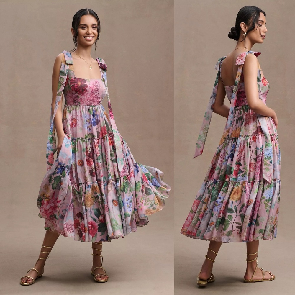 Anthropologie BHLDN Isabella Tiered Floral Square-Neck A-Line Midi Dress